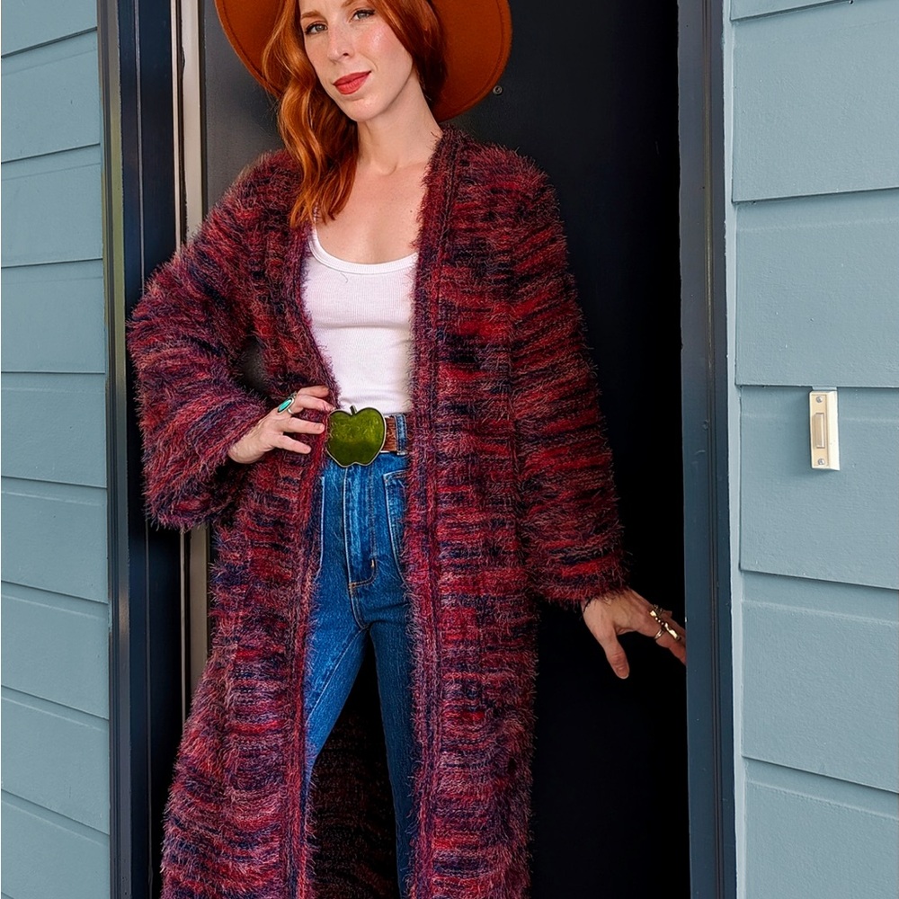 BAND OF THE FREE Sunset Boulevard Eyelash Sweater Fluffy Red & Purple Duster
